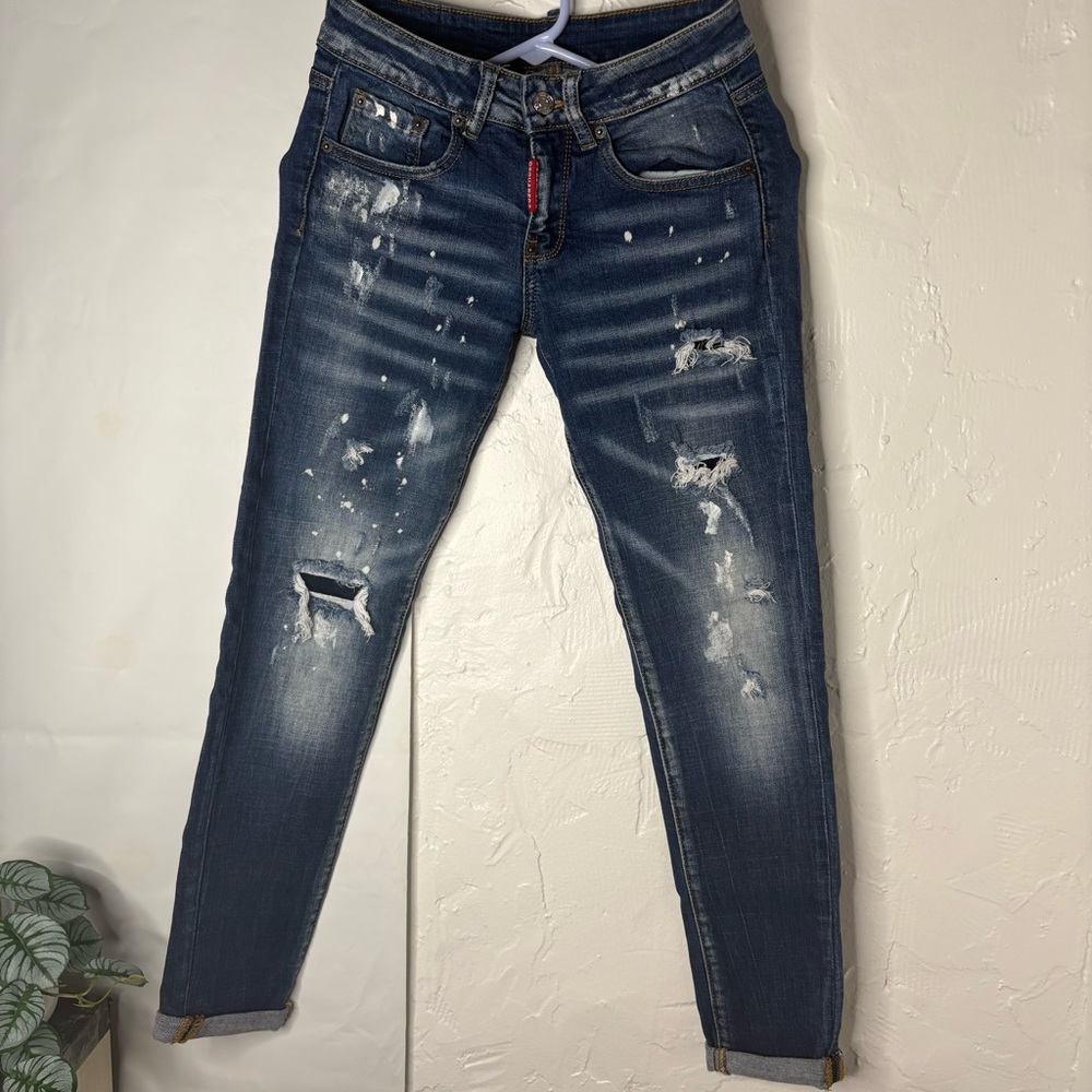 DSQUARED2 Size 26 Blue Distressed Cotton Elastane Button